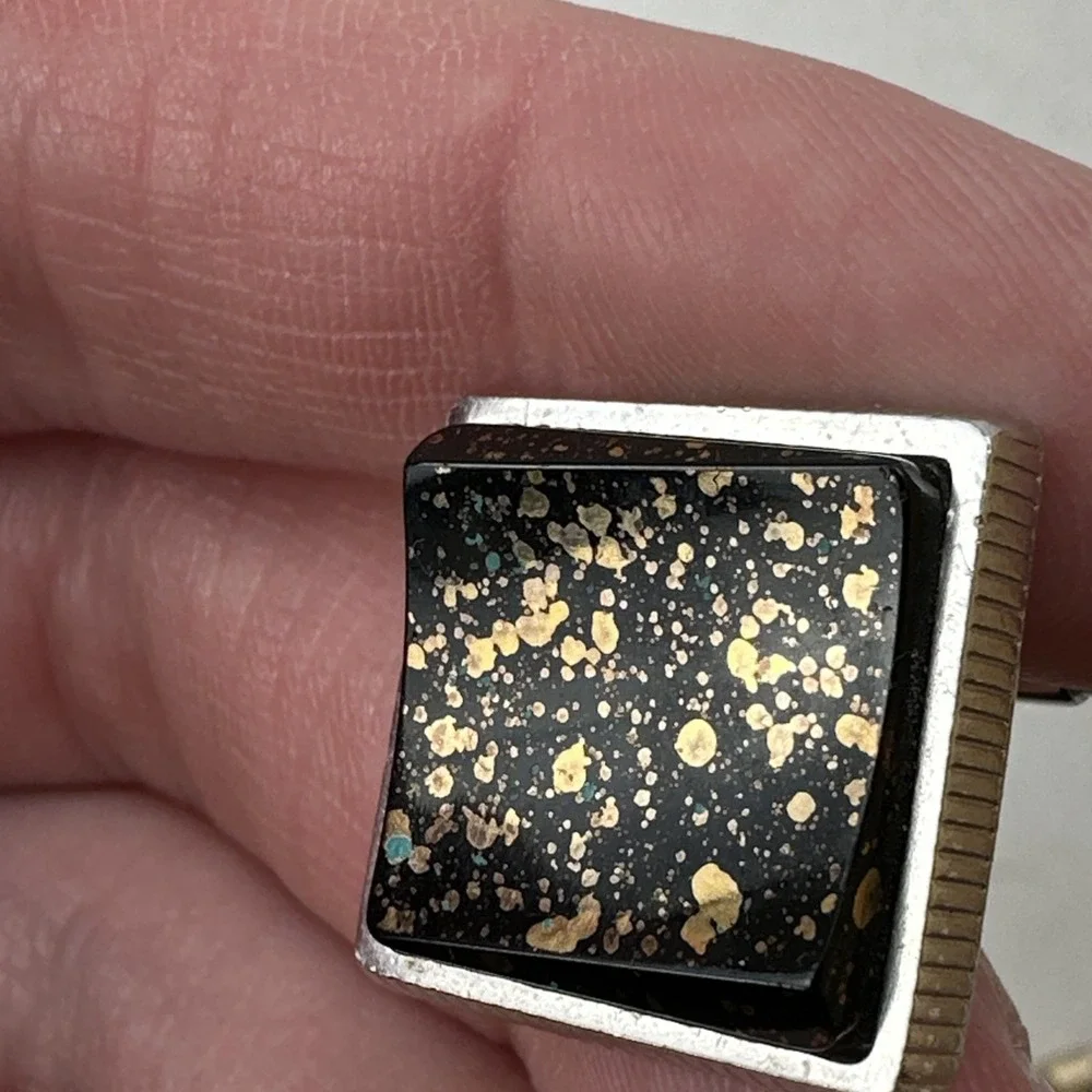 Vintage Anson Cufflinks & Tie Clip Set Silver Black Gold Turquoise Flakes